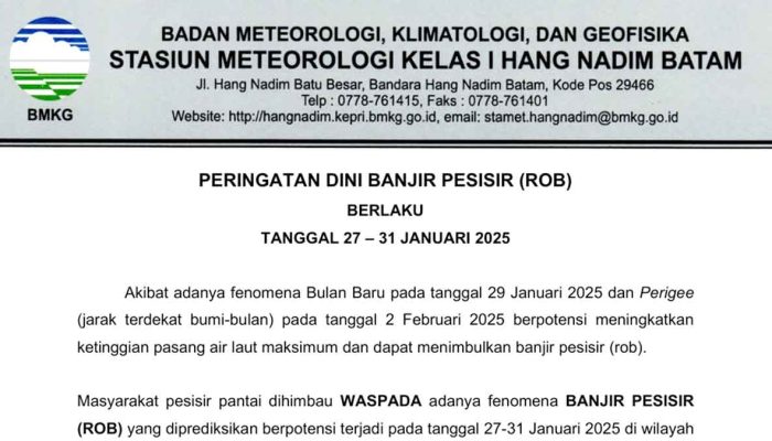 Waspada! Potensi Banjir ROB di Kepulauan Riau 27–31 Januari 2025